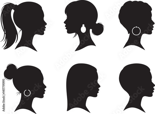 Black and White Female Profile Silhouettes – Minimalist Side View Portraits with Diverse Hairstyles