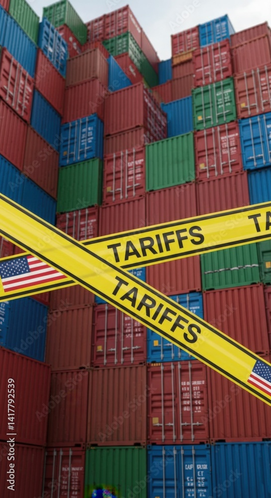Fototapeta premium USA Tariffs Caution Tape Over Shipping Containers