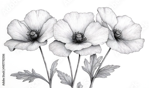 Wallpaper Mural Grayscale poppy flowers drawing illustration Torontodigital.ca