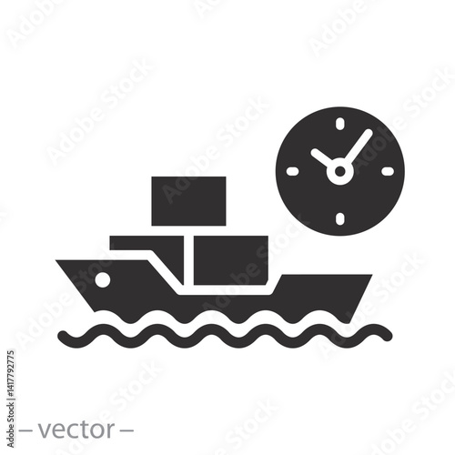 commercial  container delivery, time transportation  cargo ship icon, big marine vessel, sea transport, flat vector illustration