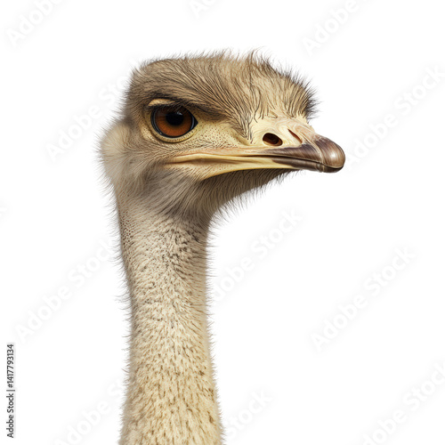 Close-up of an ostrich head with detailed features and neutral background showcasing its large eyes beak and textured skin in high resolution