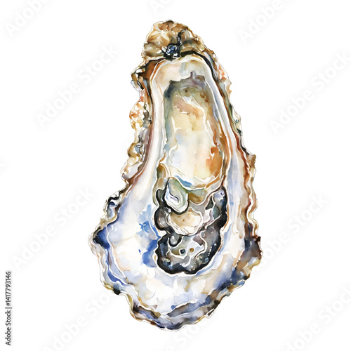 Oyster Top View Isolated Hand Drawn Watercolor Painting Illustration of Fresh Seafood Shell