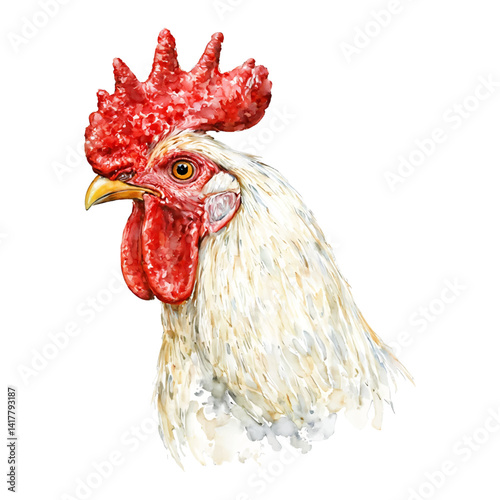 Beautiful Rooster Head Isolated Hand Drawn Watercolor Painting Illustration of Farm Animal Profile