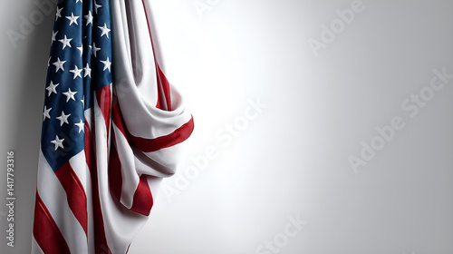 American Flag Hanging: A majestic American flag draped gracefully against a simple background, evoking a sense of patriotism and national pride.