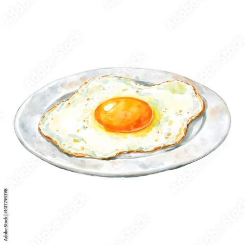Delicious Sunny Side Up Egg on a Plate Food Isolated Hand Drawn Watercolor Painting Illustration