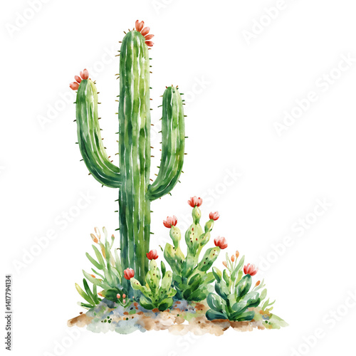 Green Cactus Plant with Red Flowers Isolated Hand Drawn Watercolor Painting Illustration