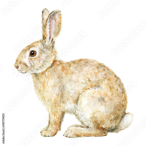 Adorable Bunny Side View Isolated Hand Drawn Watercolor Painting Illustration Fluffy Pet