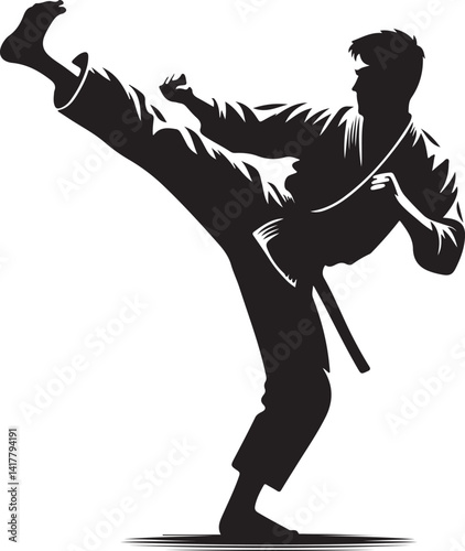 Martial artist kicking silhouette icon vector illustration on white background