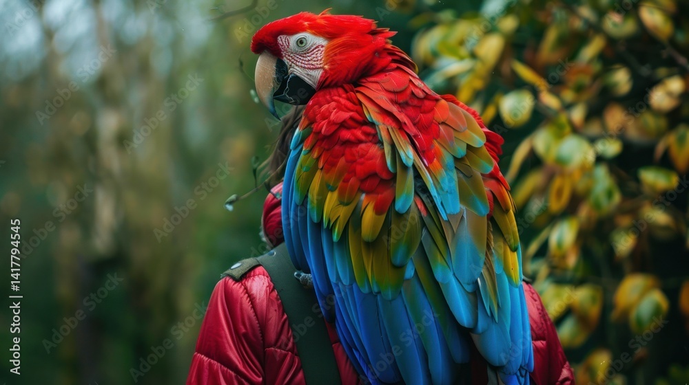Obraz premium Parrot perched on a owner's shoulder, colorful feathers, vibrant