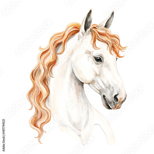 Cute Horse Side View with Golden Mane Isolated Hand Drawn Watercolor Painting Illustration