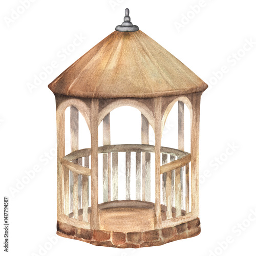 watercolor gazebo, brown, wooden, garden setting clip art preview