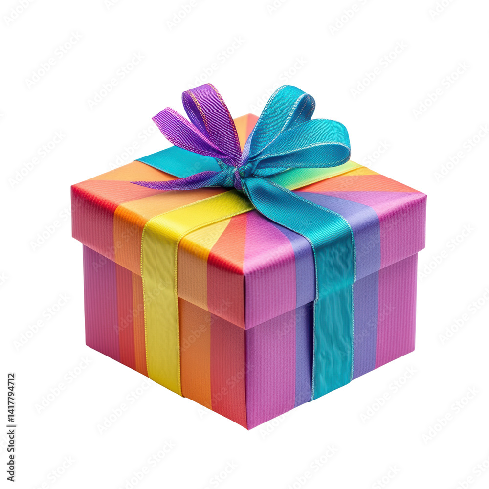 Colorful Gift Box with Ribbon in Bright Rainbow Stripes Isolated on Transparent Background Colorful Gift Box with Ribbon in Bright Rainbow Stripes Isolated on Transparent Background