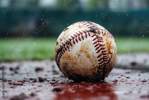 Dirty baseball on wet infield photo
