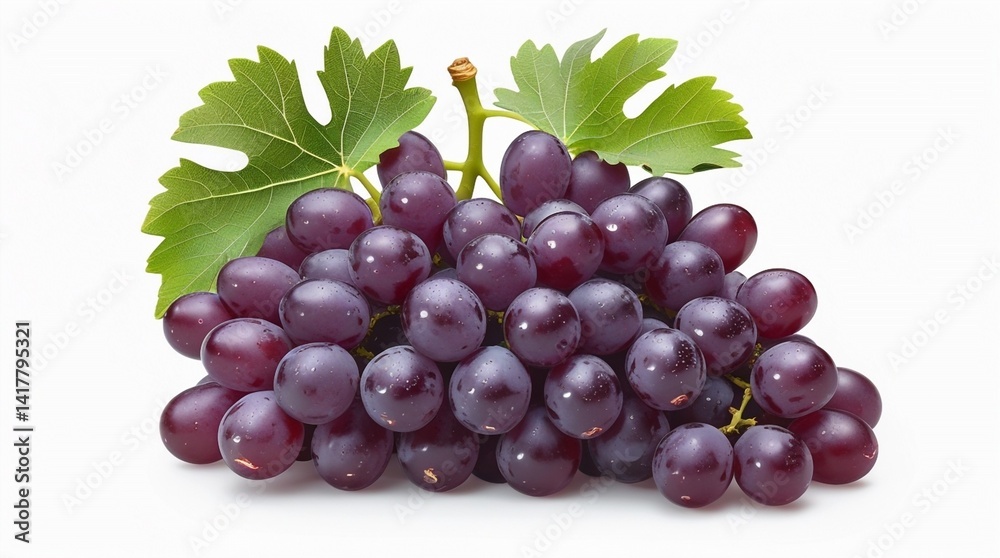 Dark purple grapes with natural blooms, attached to a short stem with fresh green leaves, appear plump, juicy, and slightly shined, isolated on a white background. Dark purple grapes with natural blooms, attached to a short stem with fresh green leaves, appear plump, juicy, and slightly shined, isolated on a white background.