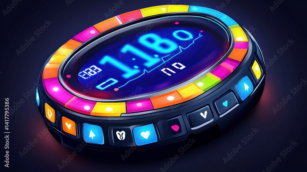 Obraz premium Colorful Circular Fitness Tracker with Glowing Neon Lights and Digital Display