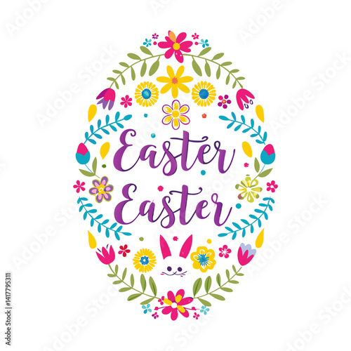 Easter card with easter eggs and bunny Happy Easter Watercolor hand drawn painting of a easter wreath with colorful eggs and spring flowers