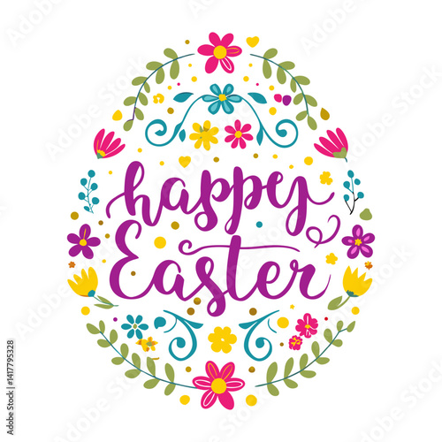 Easter card with easter eggs and bunny Happy Easter Watercolor hand drawn painting of a easter wreath with colorful eggs and spring flowers