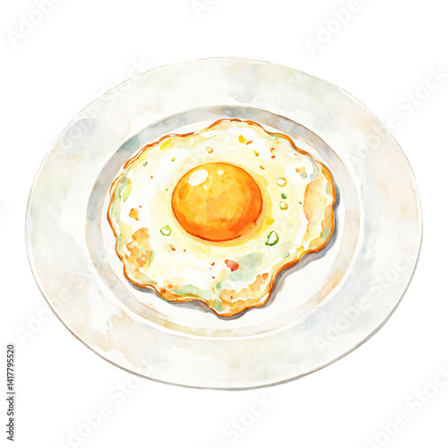 Delicious Sunny Side Up Egg on White Plate Isolated Hand Drawn Watercolor Painting Illustration