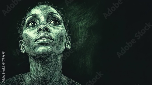 Thoughtful woman portrait, looking upward, dark background, chalk art