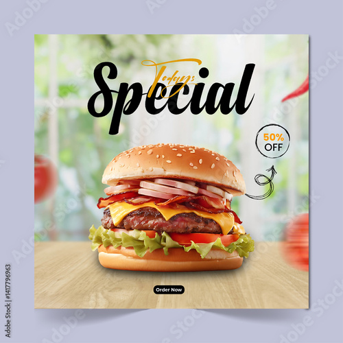 Delicious burger social media post design template, food social media promotion banner.