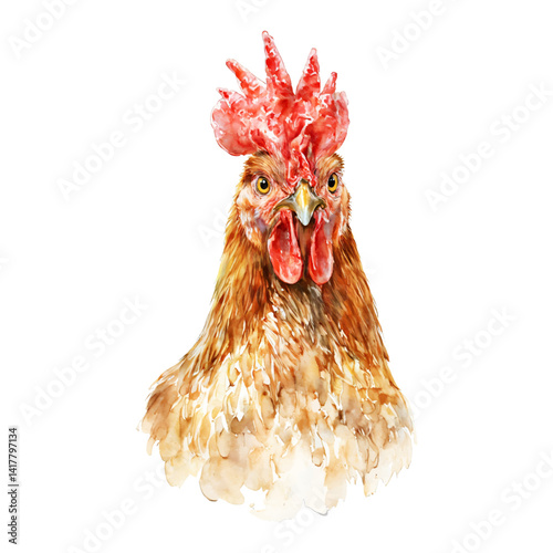 Beautiful Hen Head with Red Crest Isolated Hand Drawn Watercolor Painting Illustration