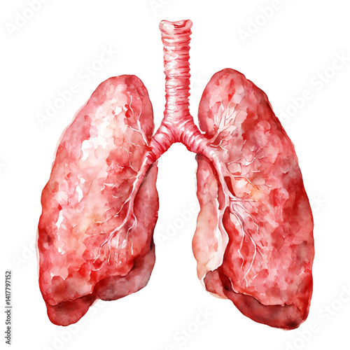Human Lungs with Trachea Anatomy Red Isolated Hand Drawn Watercolor Painting Illustration