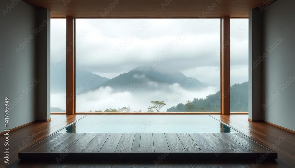 Obraz premium Serene Minimalist Pool: Misty Mountain View