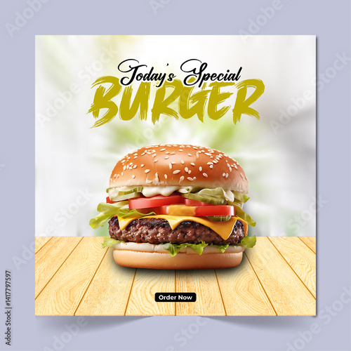 Delicious burger social media post design template, food social media promotion banner.