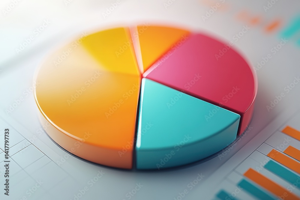 Fototapeta premium Close up of a colorful pie chart with different sections on a graph paper background design view