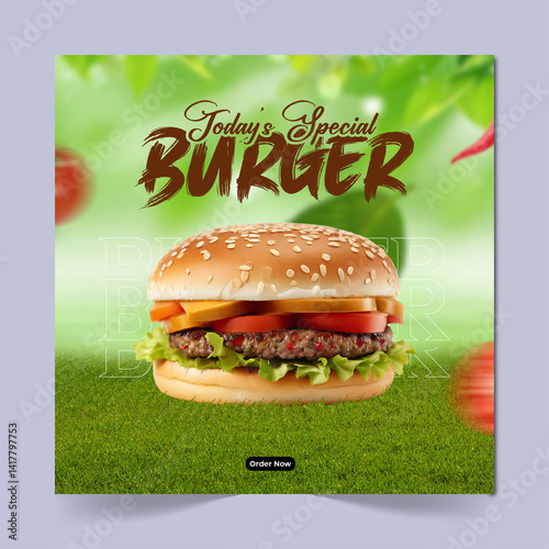 Delicious burger social media post design template, food social media promotion banner.
