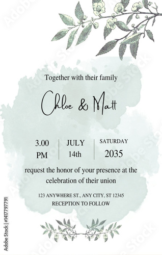 Wedding floral invitation. Greeting card with green and boho color leaves. Can be used as invitation card for wedding.	