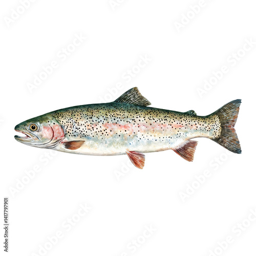 Side View Trout Fish with Detail Isolated Hand Drawn Watercolor Painting Illustration