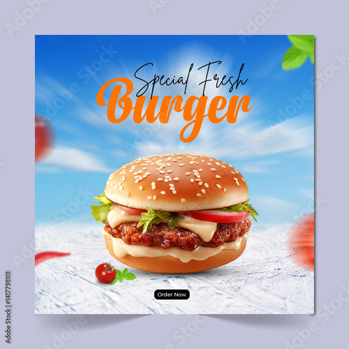Delicious burger social media post design template, food social media promotion banner.
