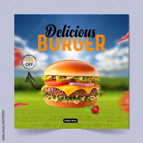 Delicious burger social media post design template, food social media promotion banner.