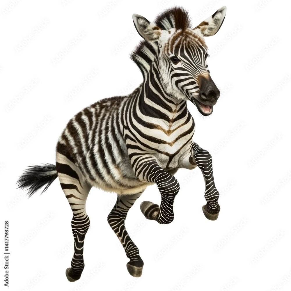 Fototapeta premium Playful Baby Zebra Running Jumping and Leaping with Striped Pattern on White Background in a Dynamic Pose
