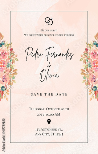 Wedding floral invitation. Greeting card with light peach and boho color flowers. Can be used as invitation card for wedding.	