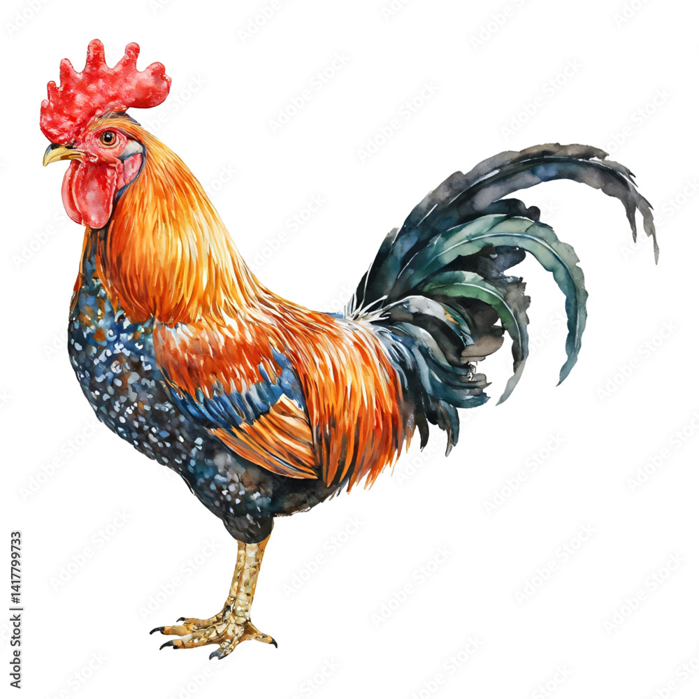 Fototapeta premium Majestic Rooster with Red Crest Isolated Hand Drawn Watercolor Painting Illustration