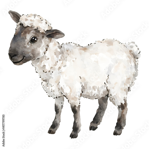 Cute Sheep Standing Isolated Hand Drawn Watercolor Painting Illustration Detail Design Cartoon Style