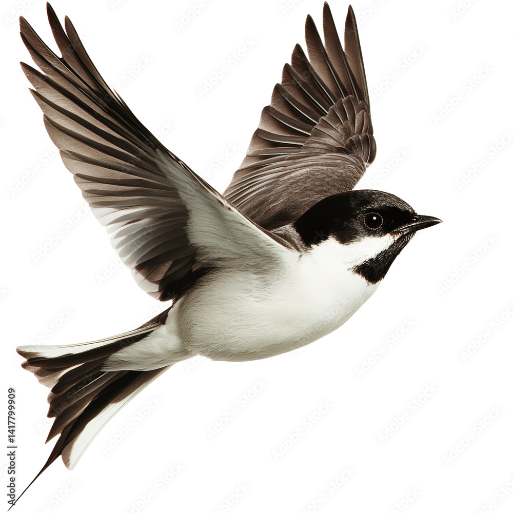 Fototapeta premium Detailed image of a flying bird with spread wings showing intricate feather patterns and a contrasting black and white coloration in a dynamic pose isolated on a white background