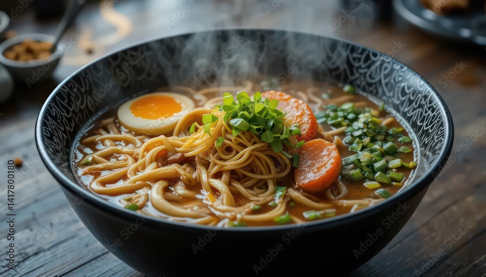 Steaming Bowl of Ramen: Noodles, Egg, and Vegetables in a Warm Broth Steaming Bowl of Ramen: Noodles, Egg, and Vegetables in a Warm Broth