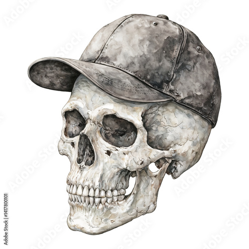 Skull Head Wearing Baseball Cap Spooky Style Isolated Hand Drawn Watercolor Painting Illustration