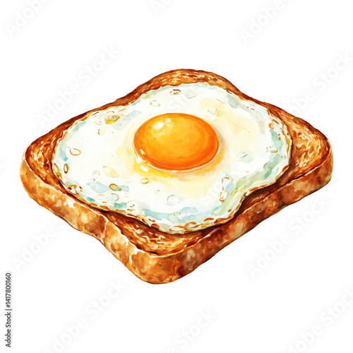 Delicious Sunny Side Up Egg on Toasted Bread Isolated Hand Drawn Watercolor Painting Illustration