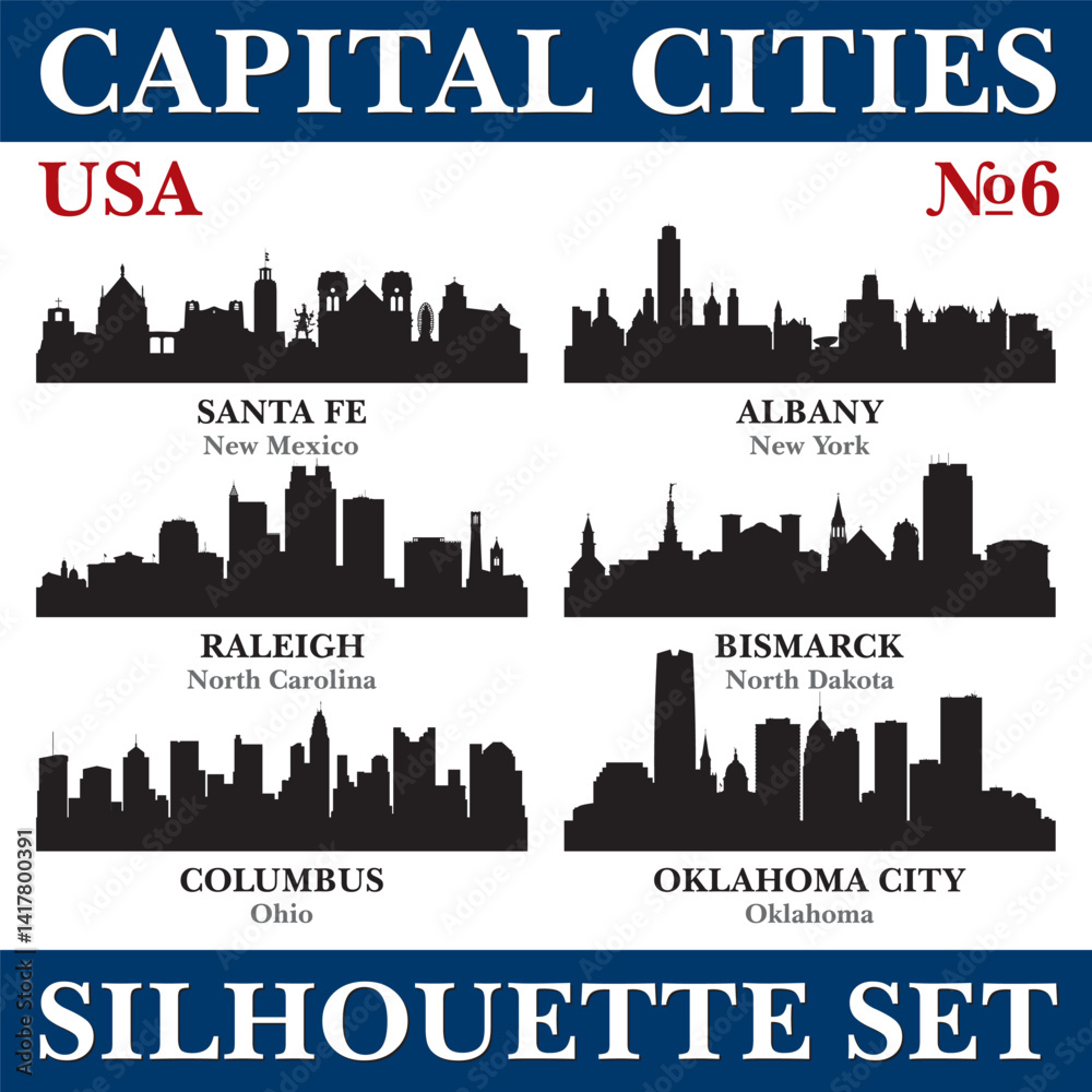 Naklejka premium Capital cities silhouette set. USA. Part 6