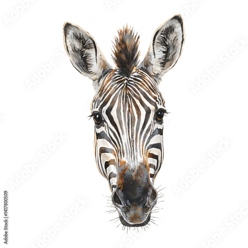 Striking Zebra Head Front View Isolated Hand Drawn Watercolor Painting Illustration