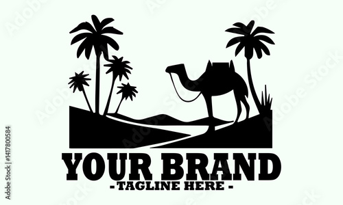 Black silhouette of a camel with a saddle standing in a desert oasis with palm trees. Line art illustration of camel, Arabian camel vector icon, camel logo design template, vintage camel vector