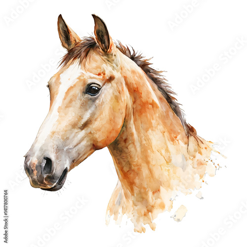 Brown Horse Head Front View Elegant Isolated Hand Drawn Watercolor Painting Illustration