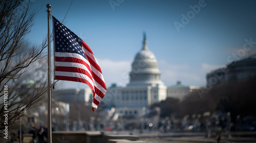 American Flag and Historic Building: The United States flag waves proudly against the backdrop of a historic government building, showcasing patriotism and a symbol of freedom.