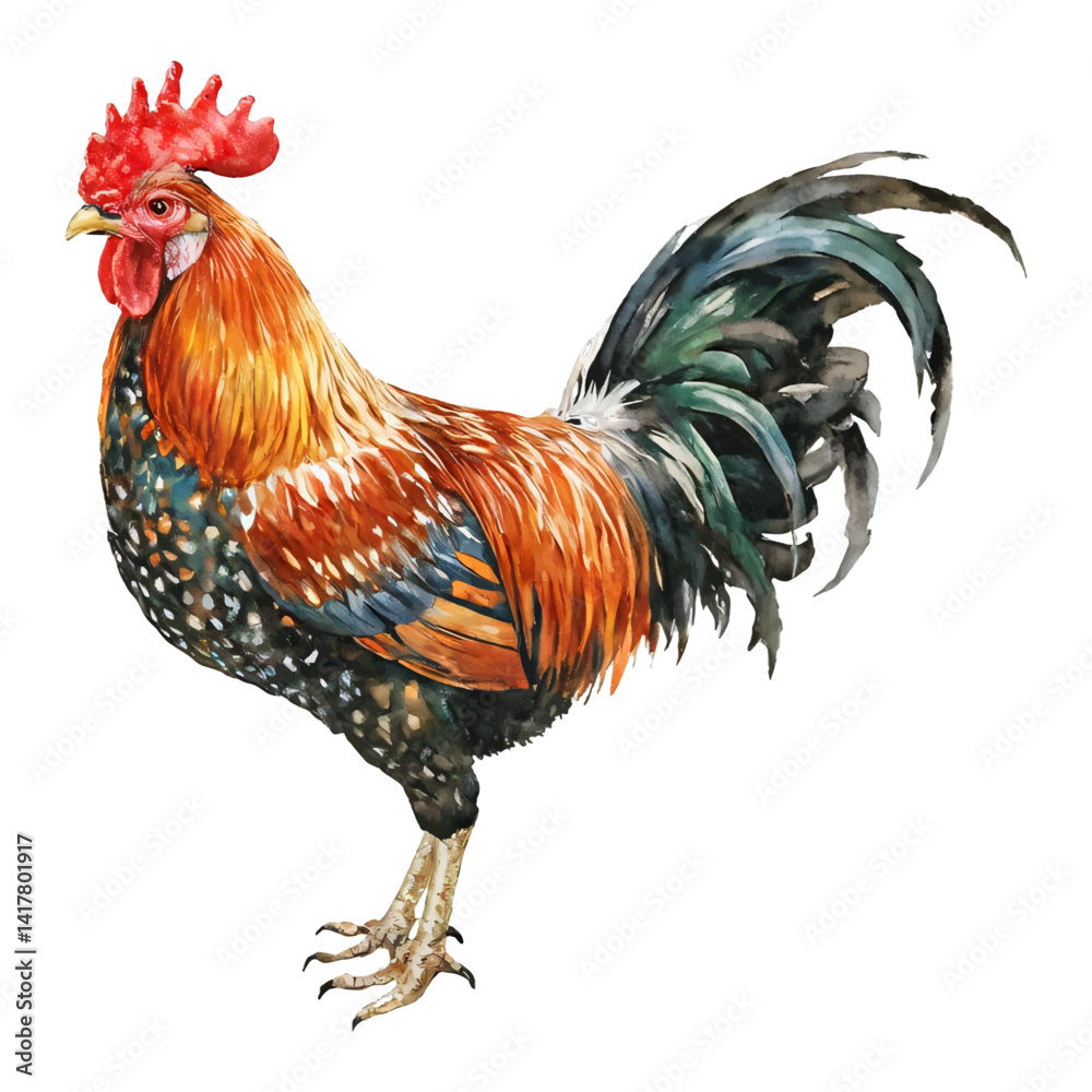 Fototapeta premium Beautiful Rooster in Full View Isolated Hand Drawn Watercolor Painting Illustration Farm Animal Artwork