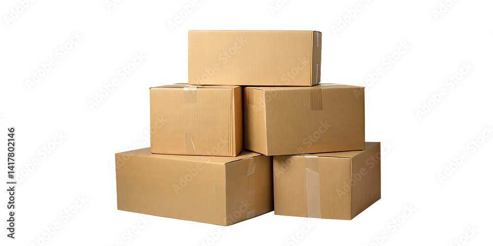 A stack of brown cardboard boxes, a delivery package for shipping and transportation, sits on a white background, ready for storage. A stack of brown cardboard boxes, a delivery package for shipping and transportation, sits on a white background, ready for storage.