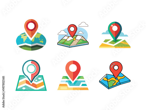 Location marker icons vector set with map and geography designs vector illustration isolated on white background